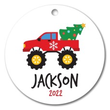 Red Monster Truck Round Porcelain Ornament
